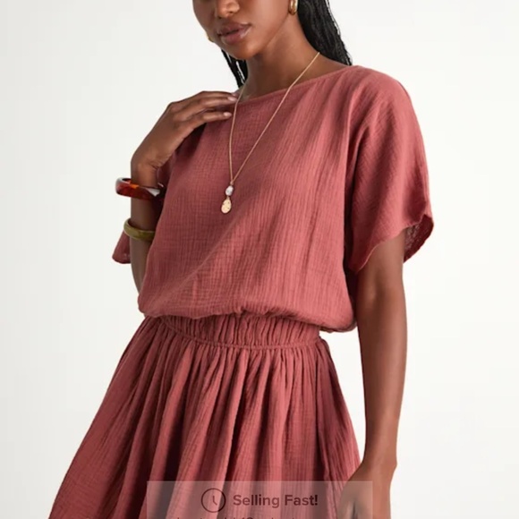 Lulus Aevorn Rusty Rose Gauzy Short Sleeve Mini Dress Pink - Size L - Picture 4 of 6